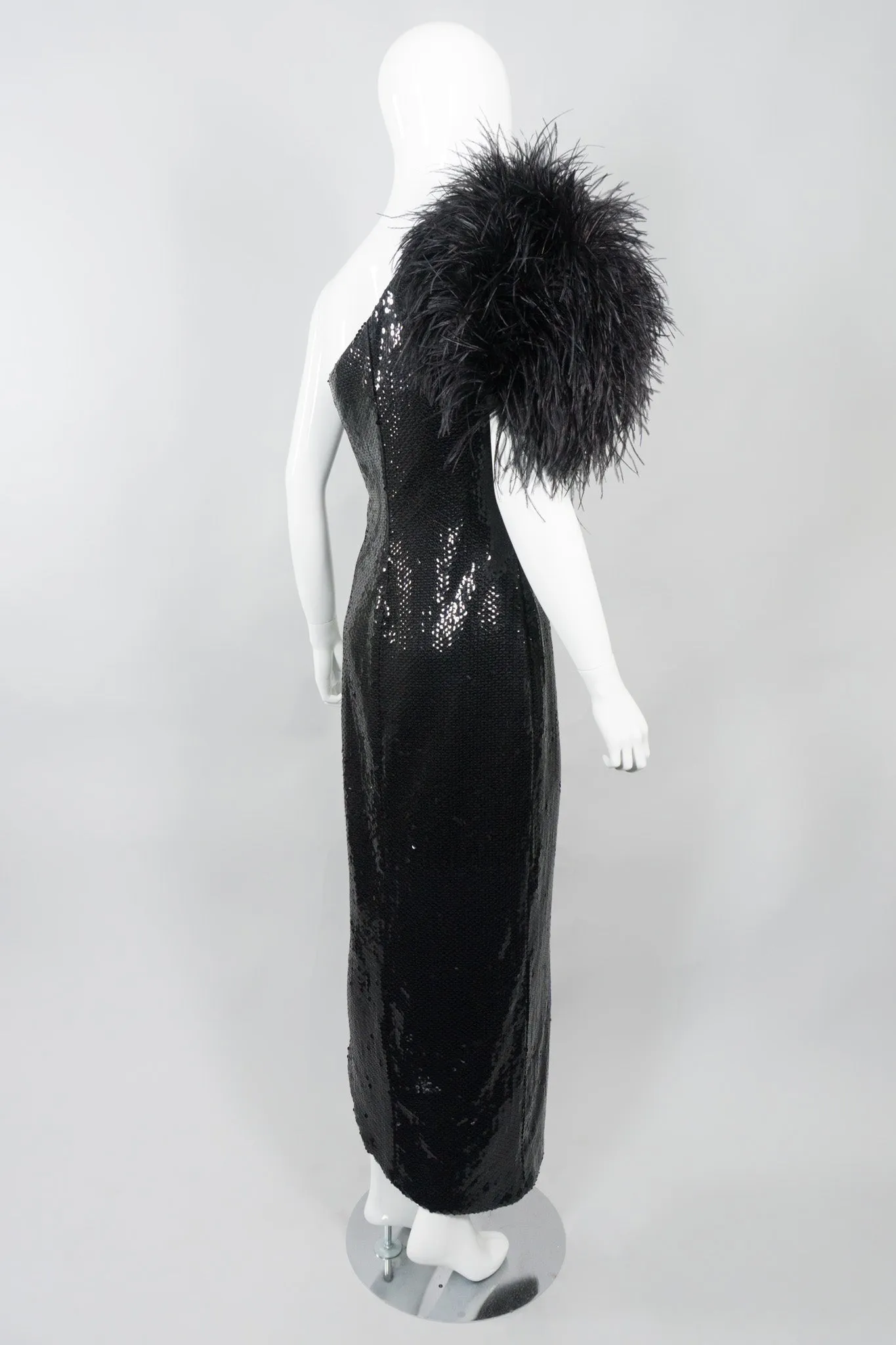 Feather One-Shoulder Sequin Gown