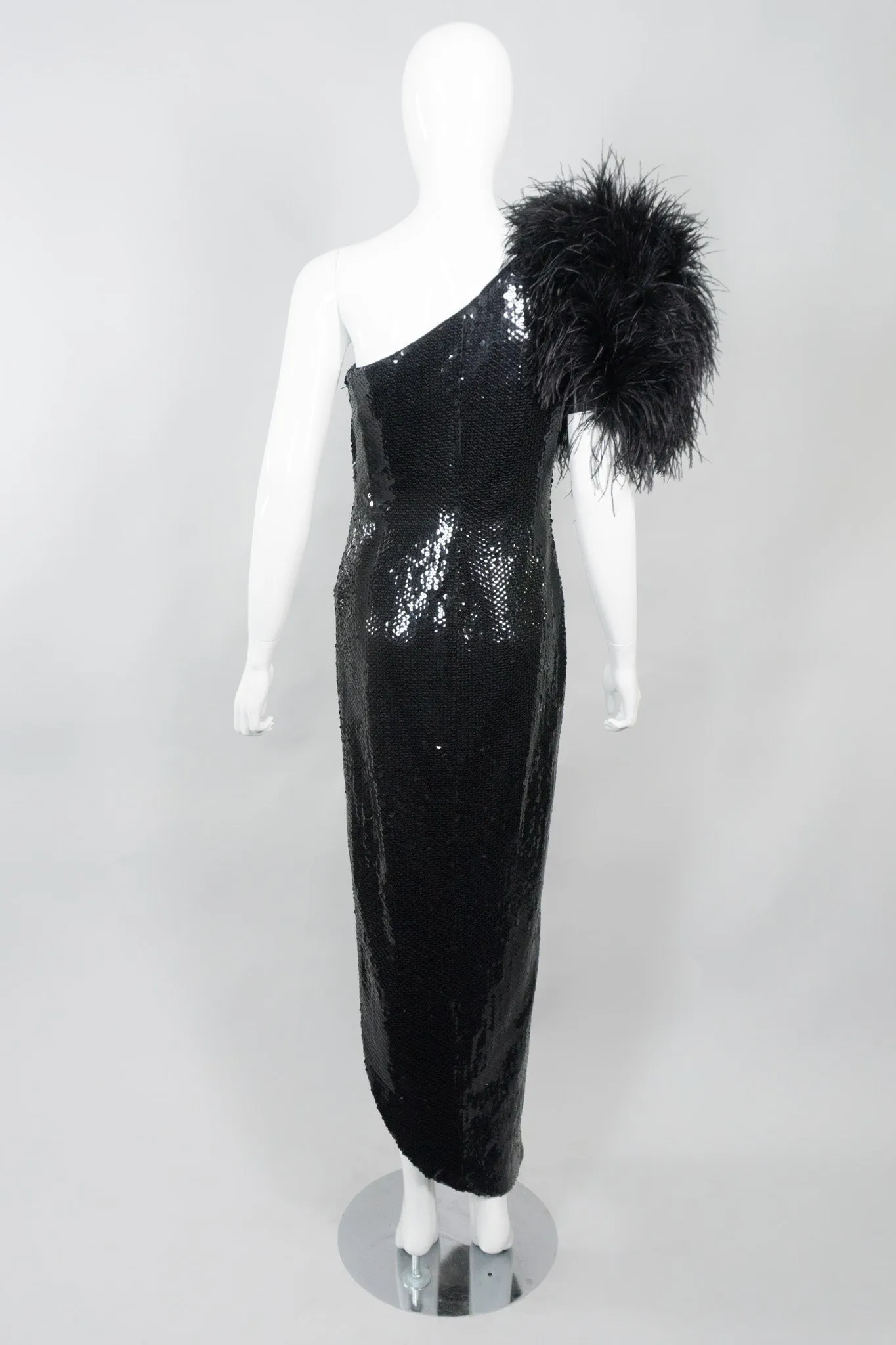 Feather One-Shoulder Sequin Gown