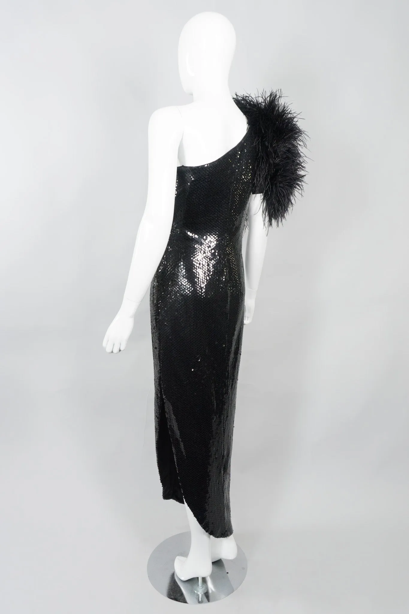 Feather One-Shoulder Sequin Gown