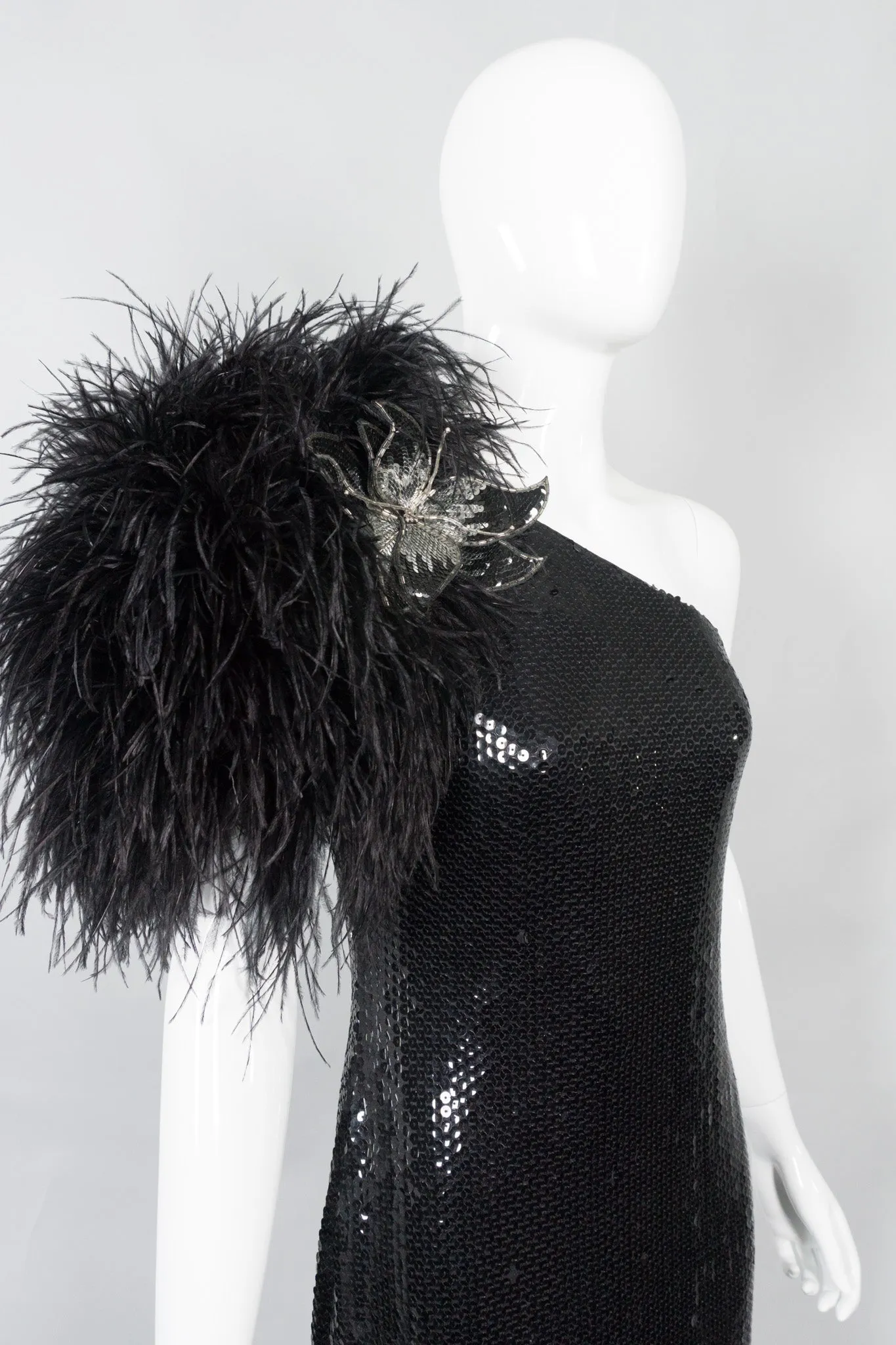 Feather One-Shoulder Sequin Gown