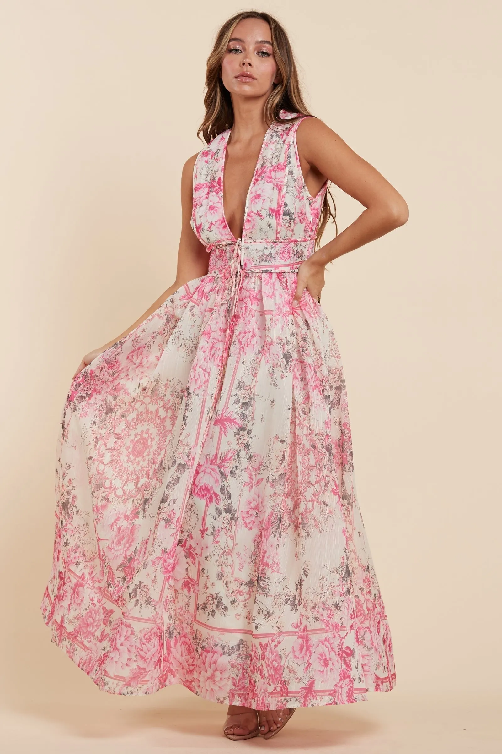 Floral Print Sleeveless Deep V-Neck Maxi Dress