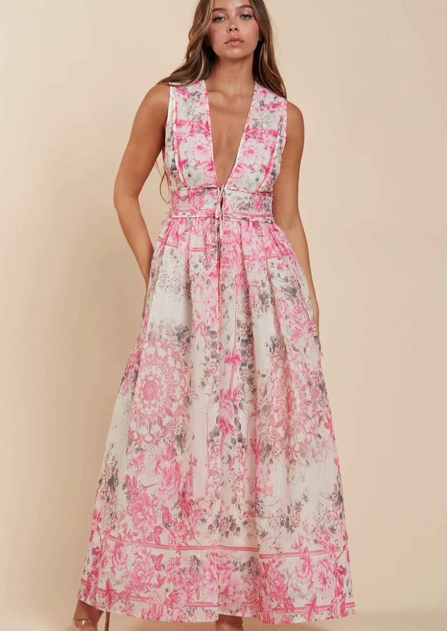 Floral Print Sleeveless Deep V-Neck Maxi Dress
