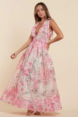 Floral Print Sleeveless Deep V-Neck Maxi Dress