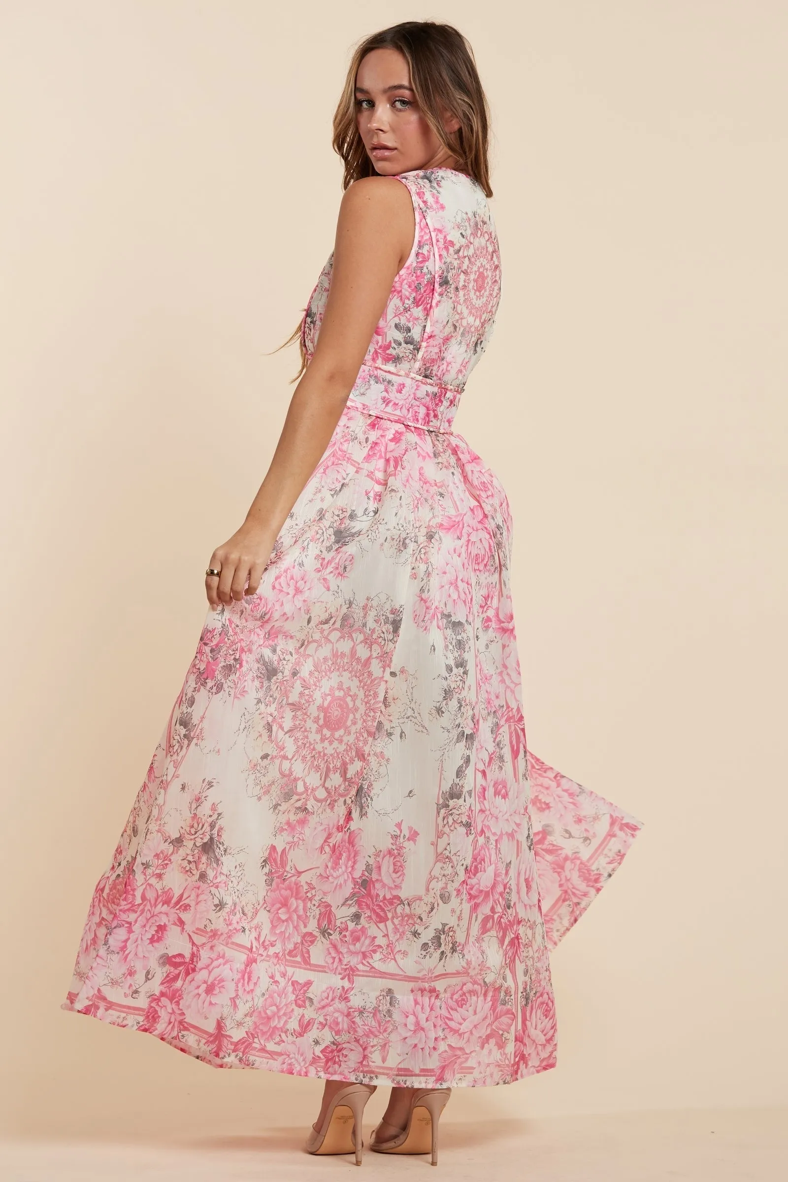 Floral Print Sleeveless Deep V-Neck Maxi Dress