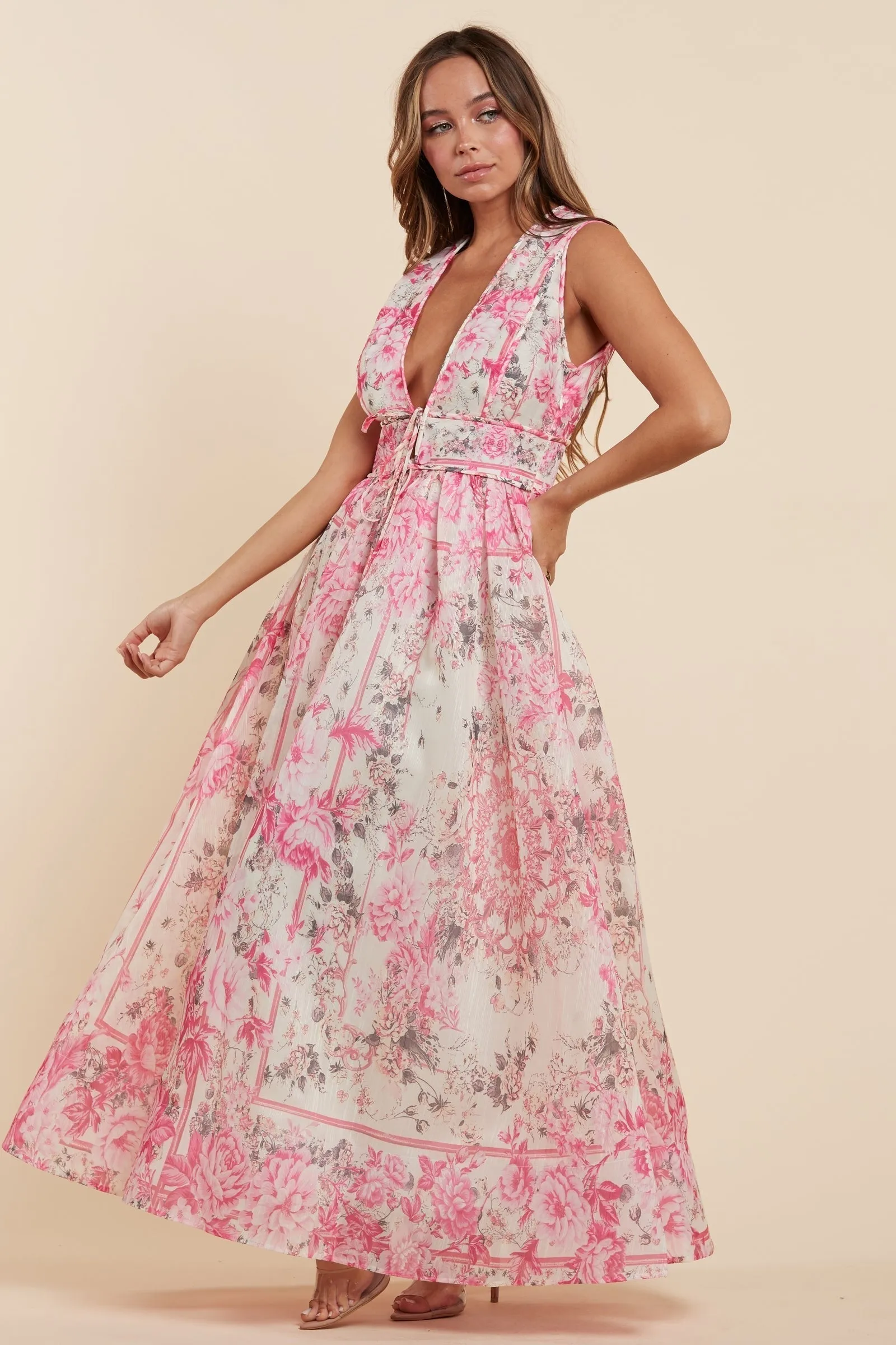 Floral Print Sleeveless Deep V-Neck Maxi Dress