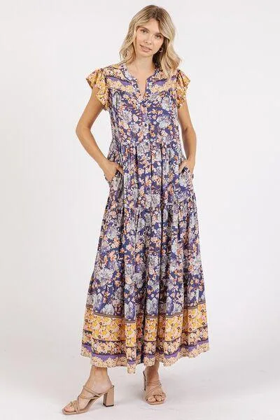 Floral Ruffled Notched Cap Sleeve Maxi Dress