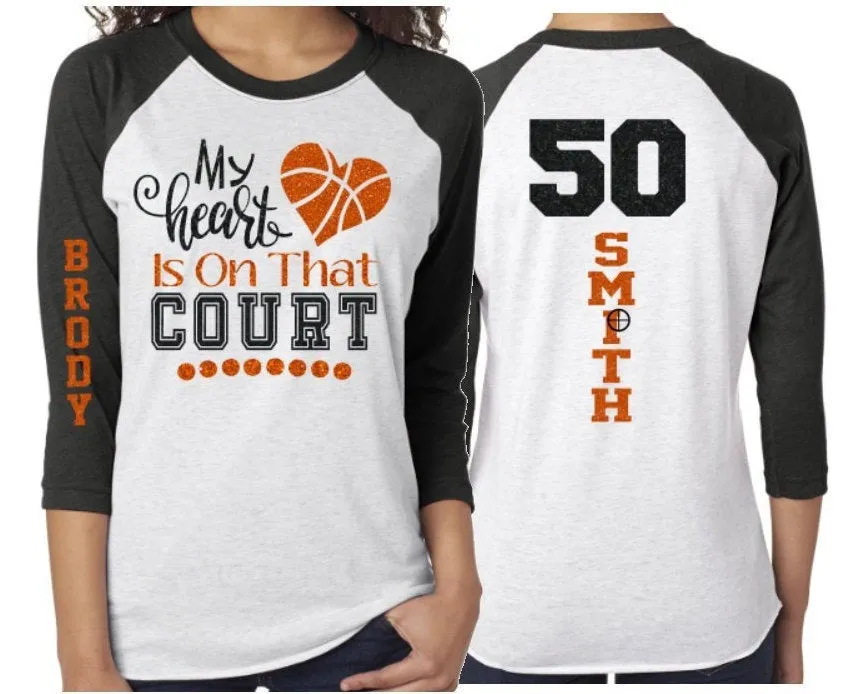 Glitter Basketball Mom Shirt | My Heart is on the Court | 3/4 Sleeve Basketball Shirt | Grandma, Stepmom, Sister, Aunt