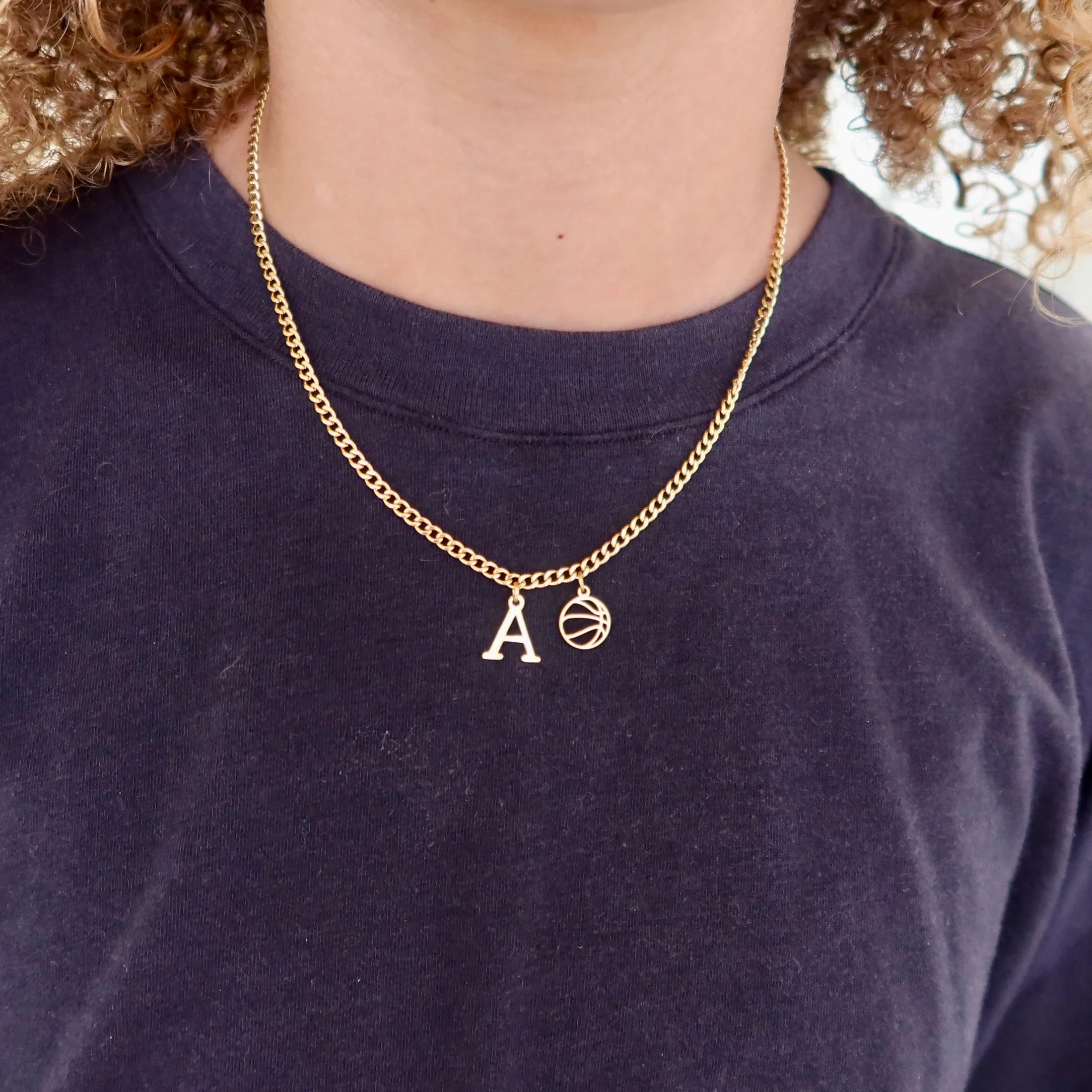 Gold Basketball Charm & Initial Necklace