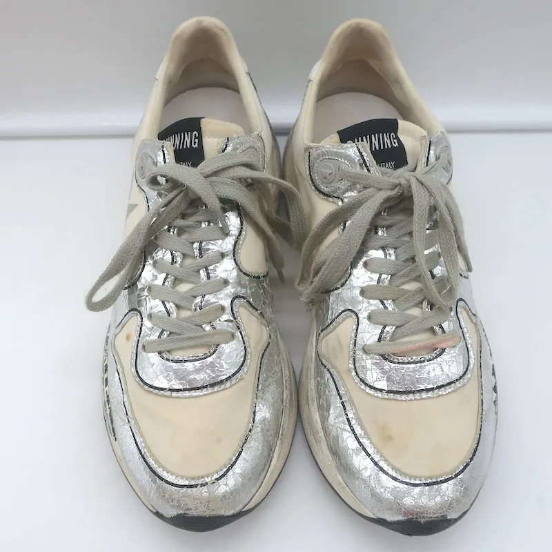 Golden Goose Running Sole Sneakers Silver Leather & White Fabric Size 38