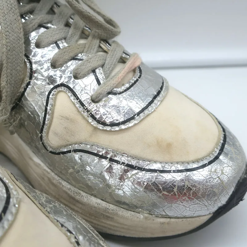 Golden Goose Running Sole Sneakers Silver Leather & White Fabric Size 38