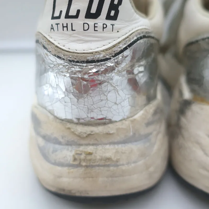 Golden Goose Running Sole Sneakers Silver Leather & White Fabric Size 38
