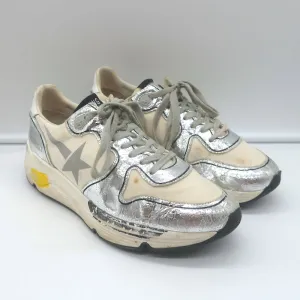 Golden Goose Running Sole Sneakers Silver Leather & White Fabric Size 38