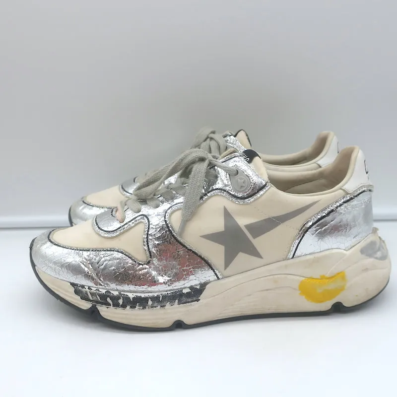 Golden Goose Running Sole Sneakers Silver Leather & White Fabric Size 38
