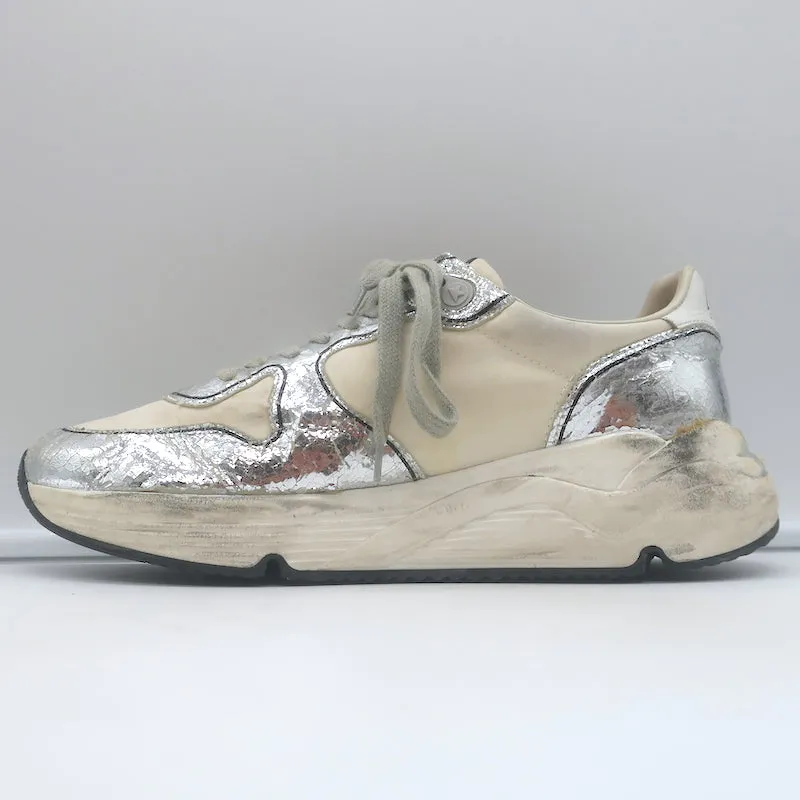 Golden Goose Running Sole Sneakers Silver Leather & White Fabric Size 38