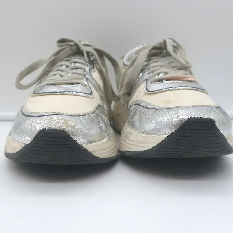 Golden Goose Running Sole Sneakers Silver Leather & White Fabric Size 38