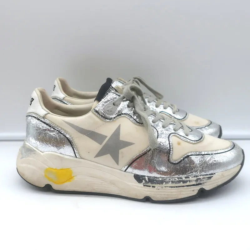Golden Goose Running Sole Sneakers Silver Leather & White Fabric Size 38