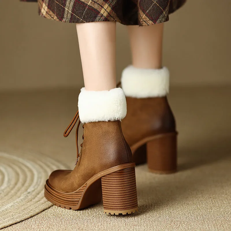 Husna Platform Brown Boots with Fur