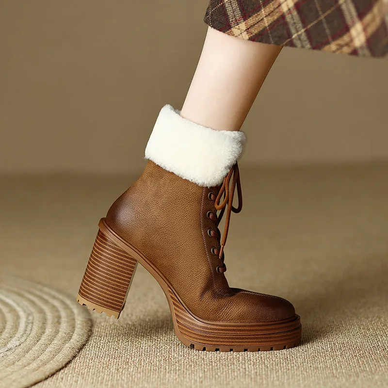 Husna Platform Brown Boots with Fur