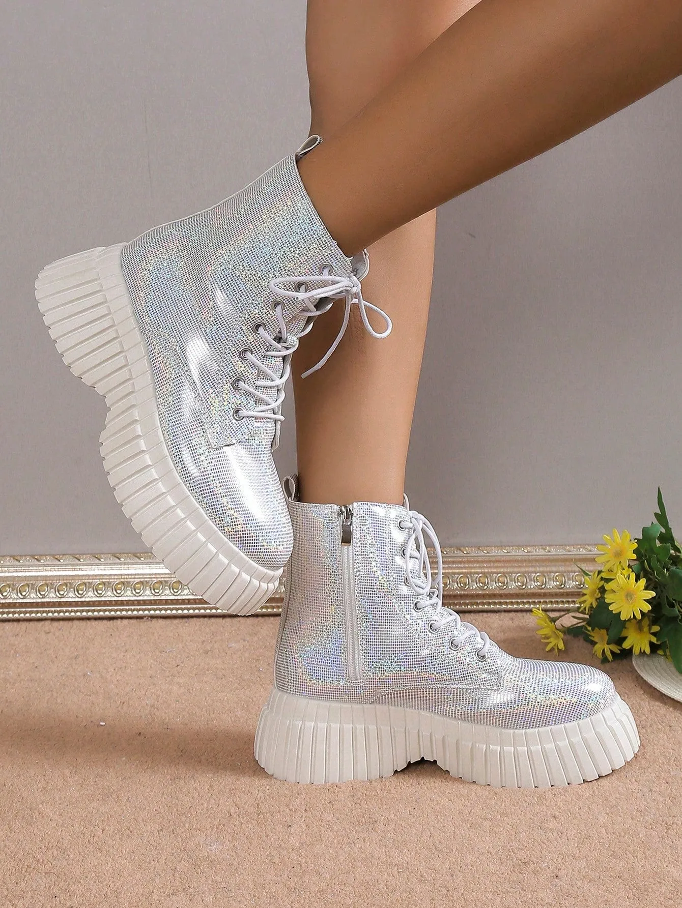 Minimalist Chunky Heel Ankle Boots - Silver