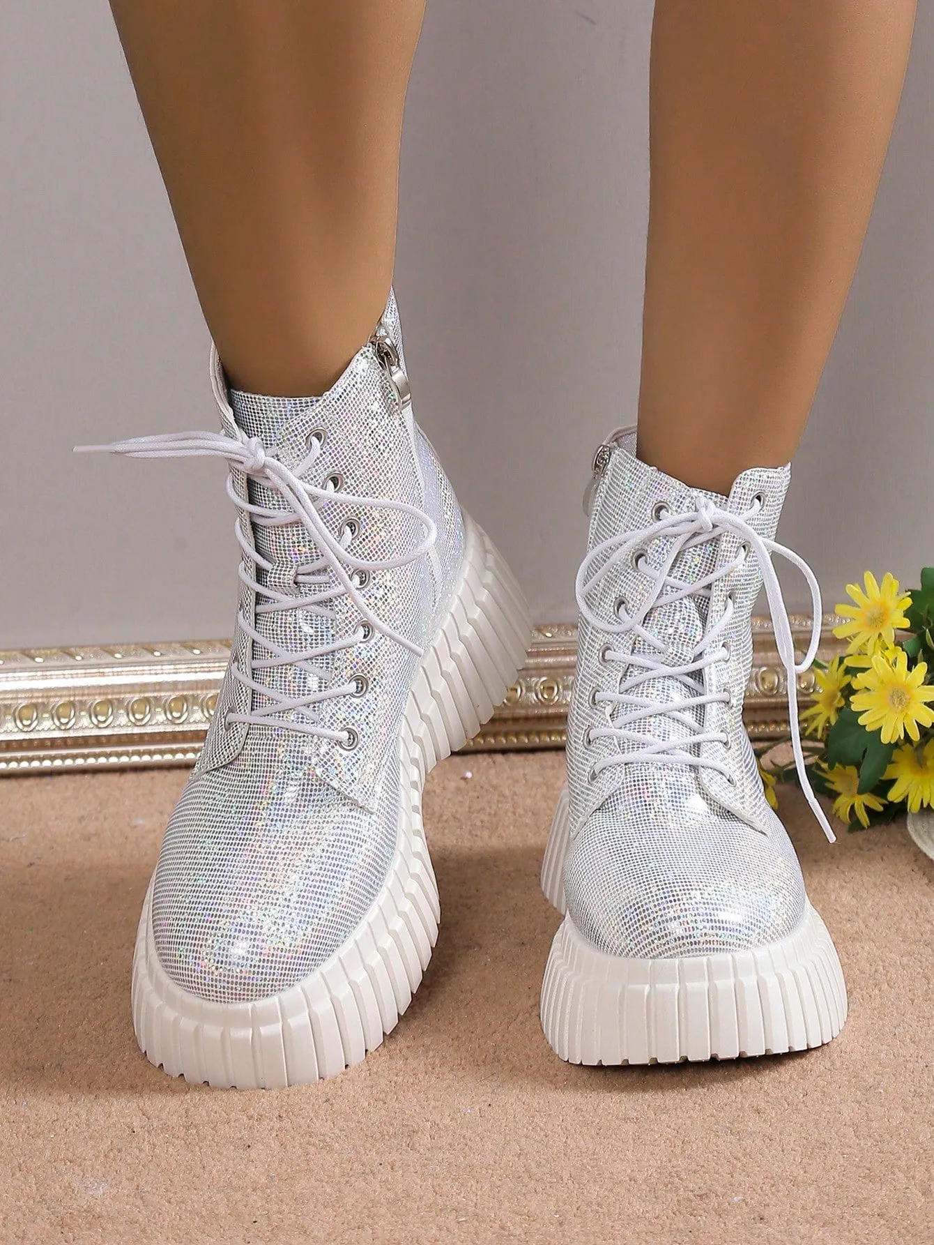 Minimalist Chunky Heel Ankle Boots - Silver