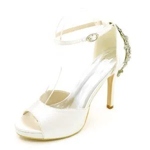 Open toe platform satin dress shoes ankle strap crystals heels