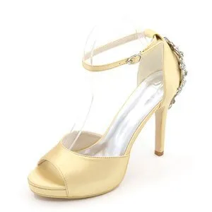 Open toe platform satin dress shoes ankle strap crystals heels