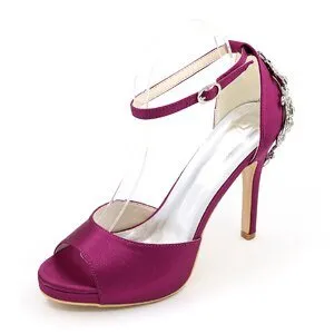 Open toe platform satin dress shoes ankle strap crystals heels
