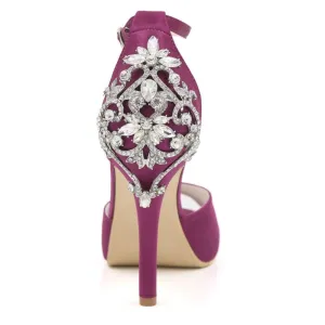 Open toe platform satin dress shoes ankle strap crystals heels