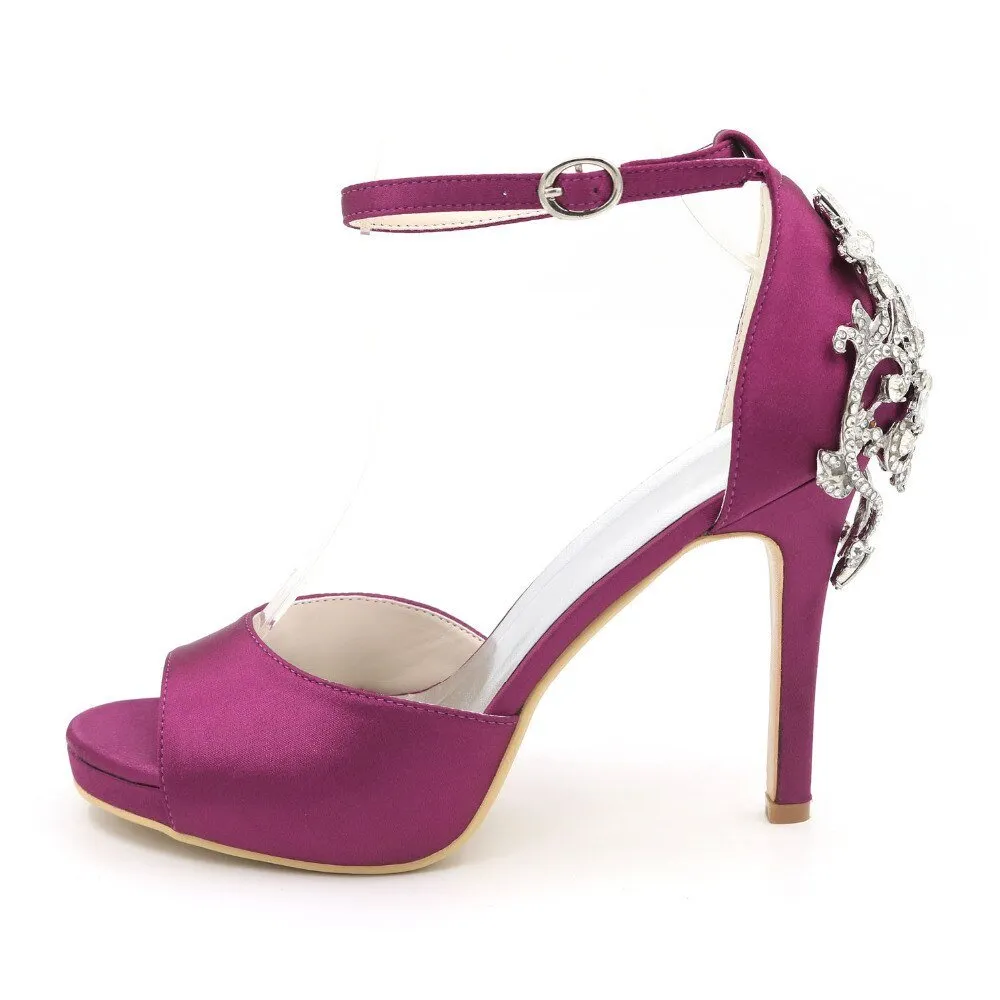 Open toe platform satin dress shoes ankle strap crystals heels