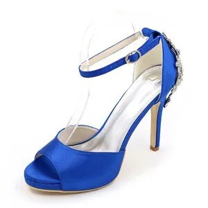 Open toe platform satin dress shoes ankle strap crystals heels