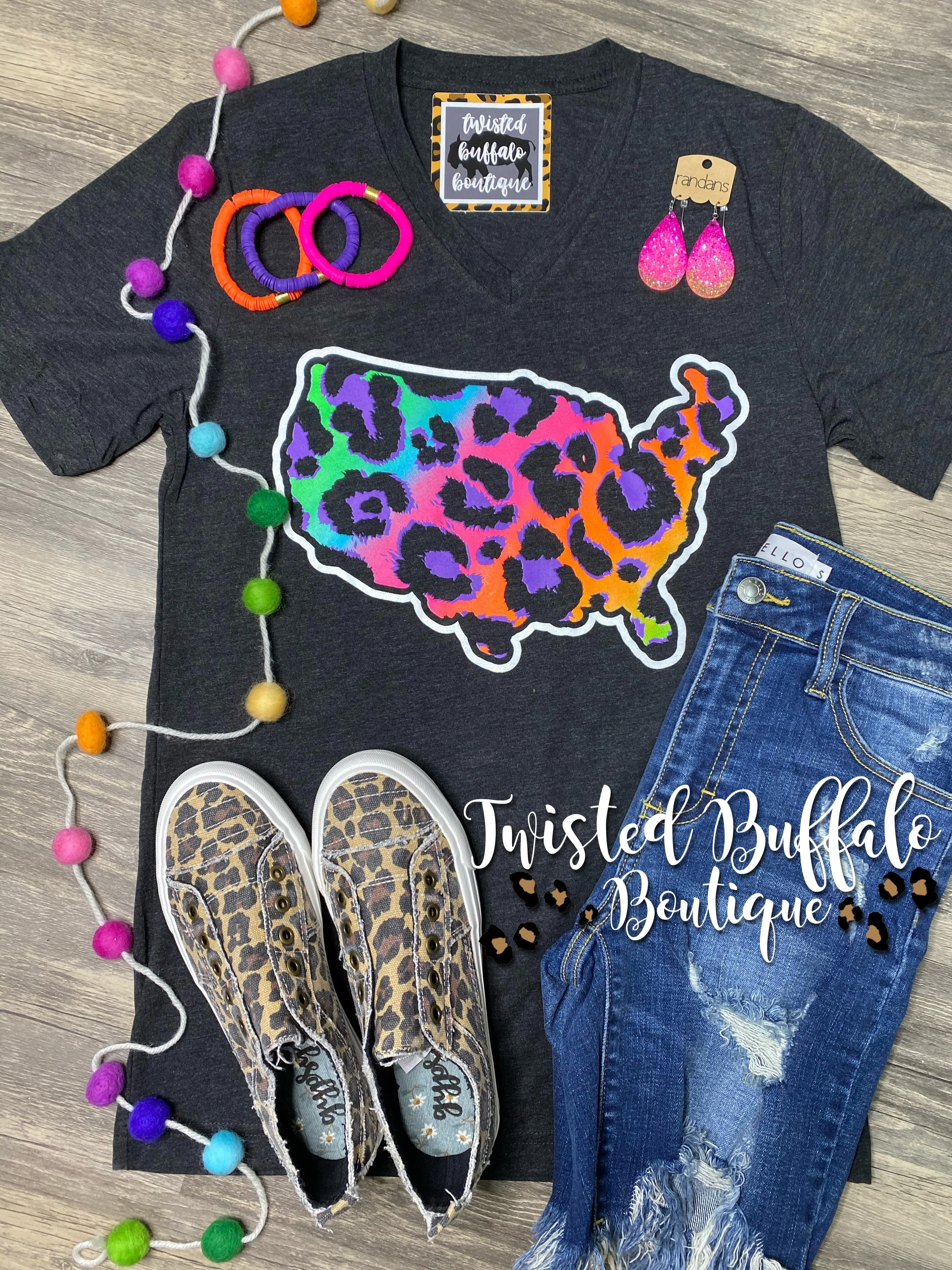 {PARTY IN THE U.S.A.} Neon Leopard Char-Black V-Neck Tee