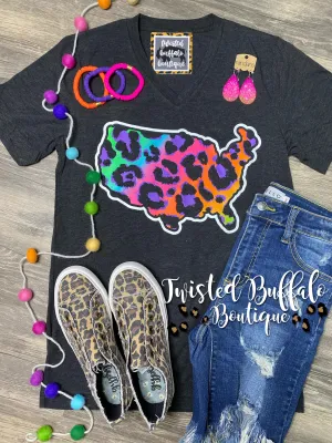 {PARTY IN THE U.S.A.} Neon Leopard Char-Black V-Neck Tee