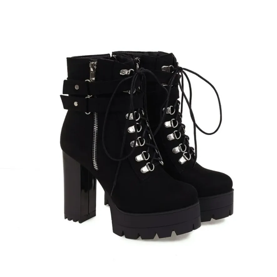 Petite Size 3 Lace Up Platform Chunky High Heel Boots MS316