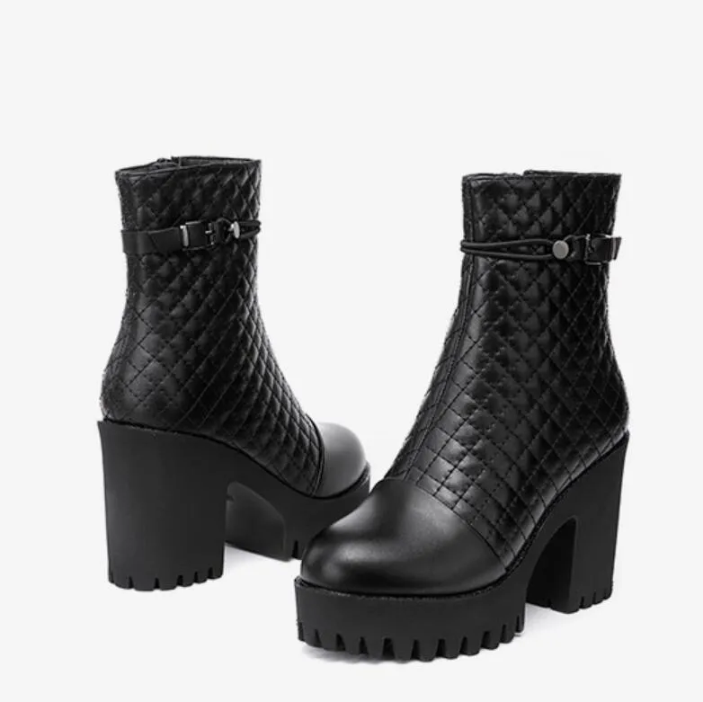 Platform Chunky Heel Boots With Toe Cap For Small Feet MS209