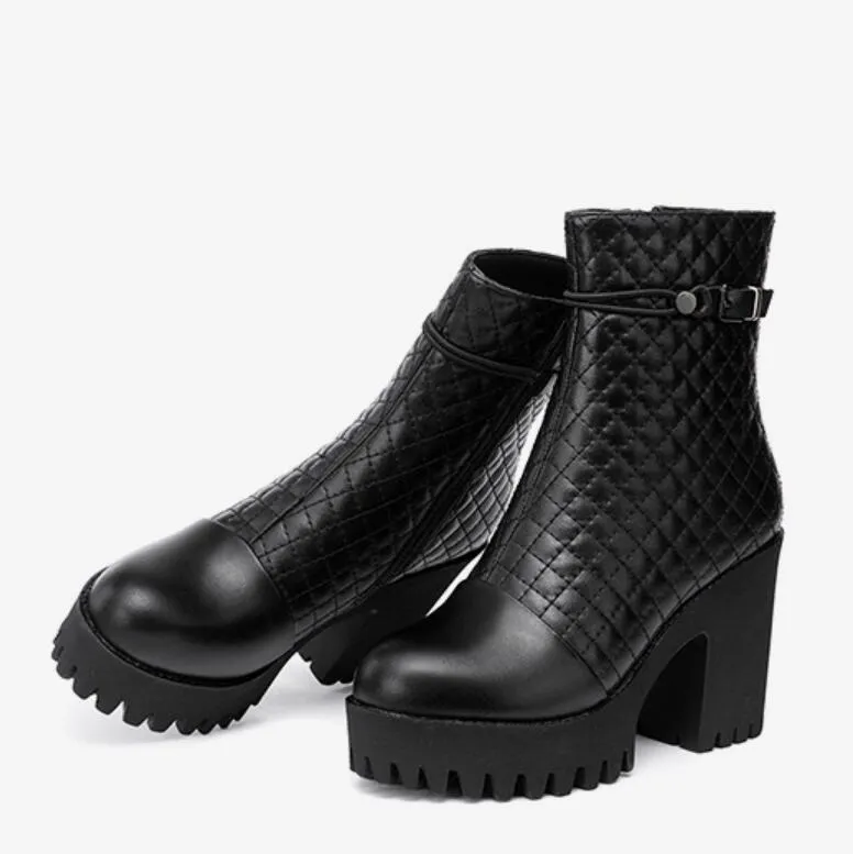 Platform Chunky Heel Boots With Toe Cap For Small Feet MS209