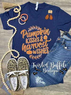 {PUMPKIN KISSES & HARVEST WISHES} Burnt Orange Navy V-Neck Tee