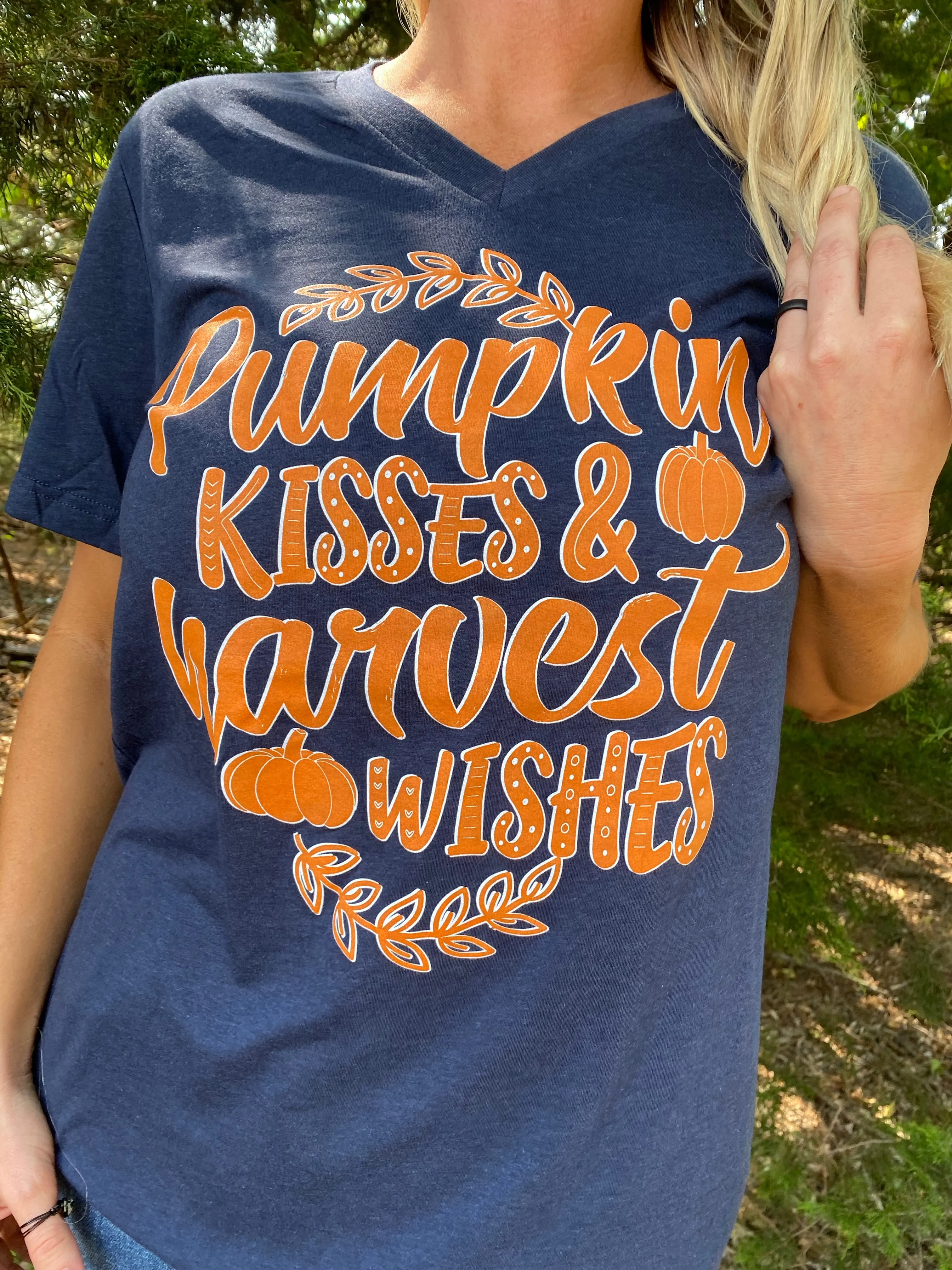 {PUMPKIN KISSES & HARVEST WISHES} Burnt Orange Navy V-Neck Tee