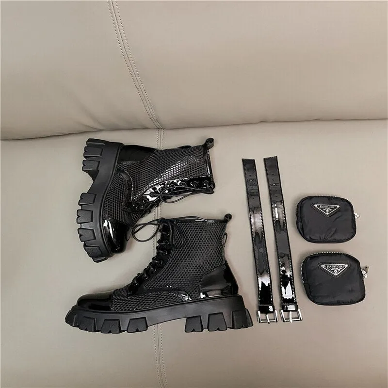 Round Toe Platform Cross-Tied Women Ankle Boots