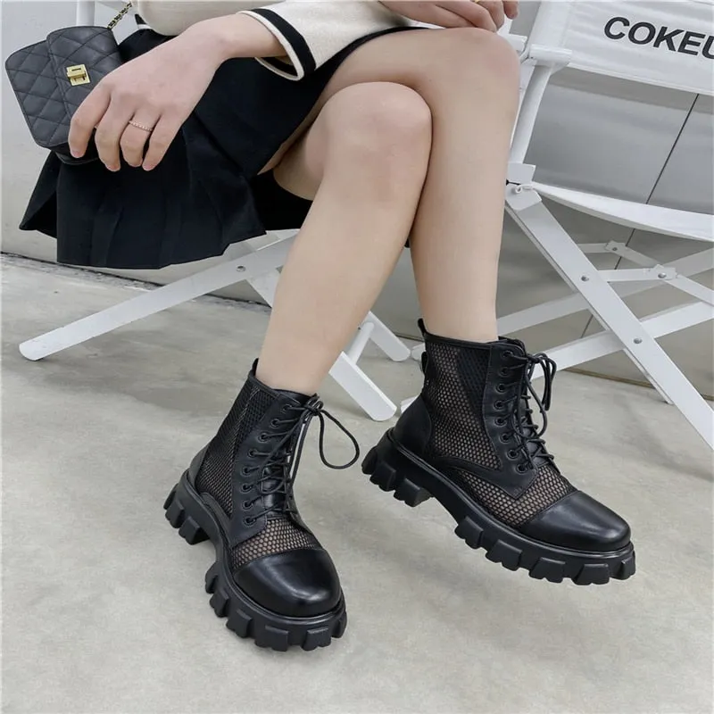 Round Toe Platform Cross-Tied Women Ankle Boots