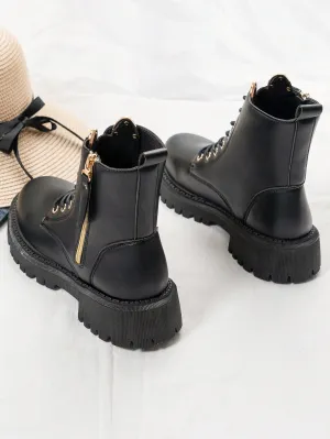 Side Zipper Black Boots With Thick Sole - Black