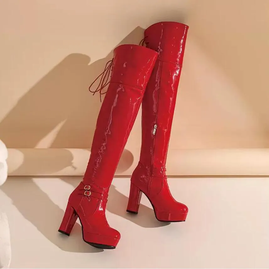 Small Feet Women's Chunky High Heel Patent Long Boots MS152