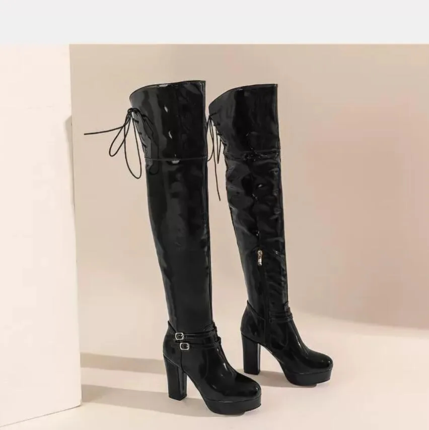 Small Feet Women's Chunky High Heel Patent Long Boots MS152