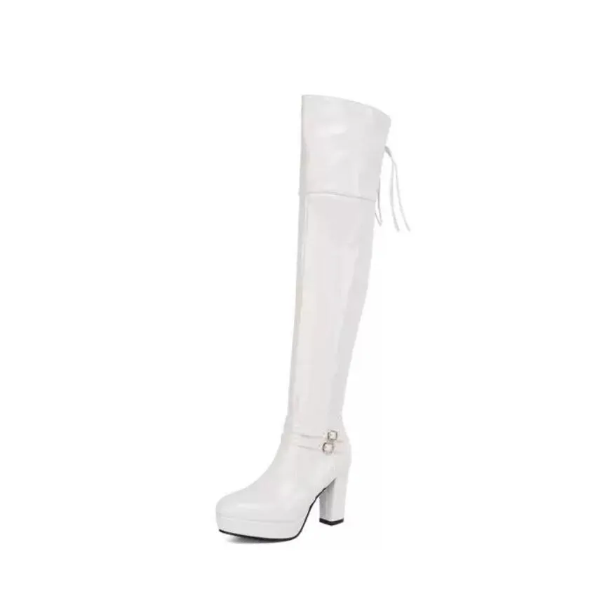 Small Feet Women's Chunky High Heel Patent Long Boots MS152