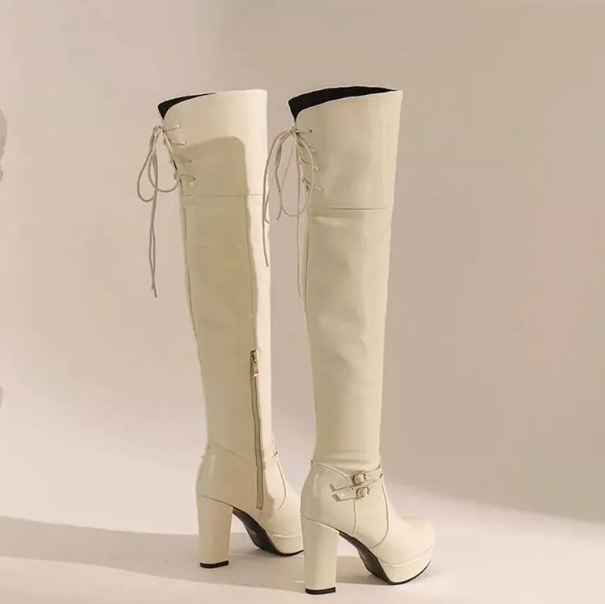 Small Feet Women's Chunky High Heel Patent Long Boots MS152