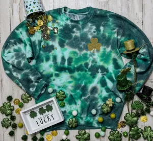Sweatshirt {GOLD GLITTER SHAMROCK} Shamrock Tie Dye Crew Neck Sweatshirt