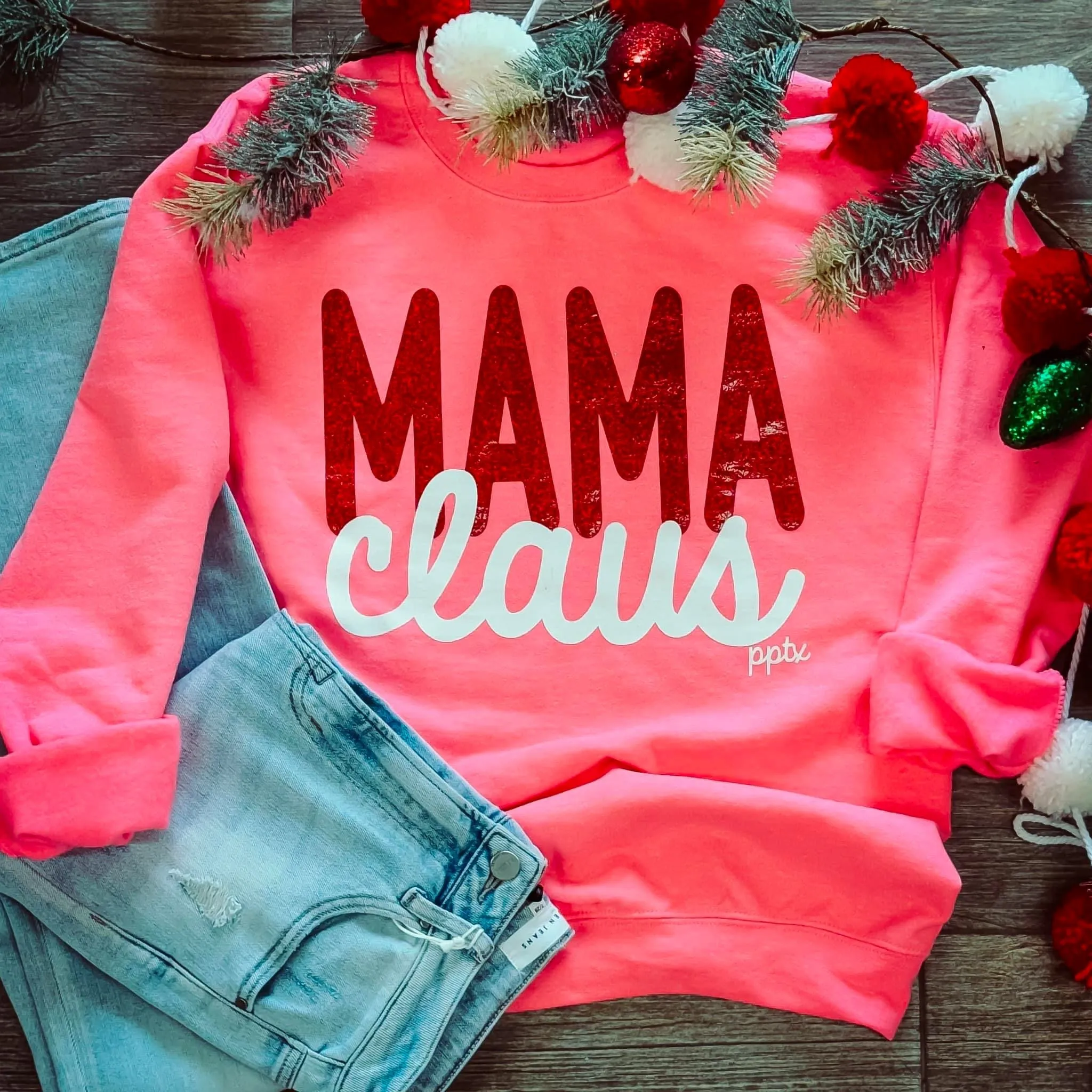 Sweatshirt {MAMA CLAUS} Glitter Neon Pink Crew Neck Sweatshirt