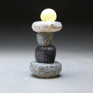 Tall Cairn in Tan White Gray Black and Gray Handblown Glass Sculpture by Thomas Spake Studios