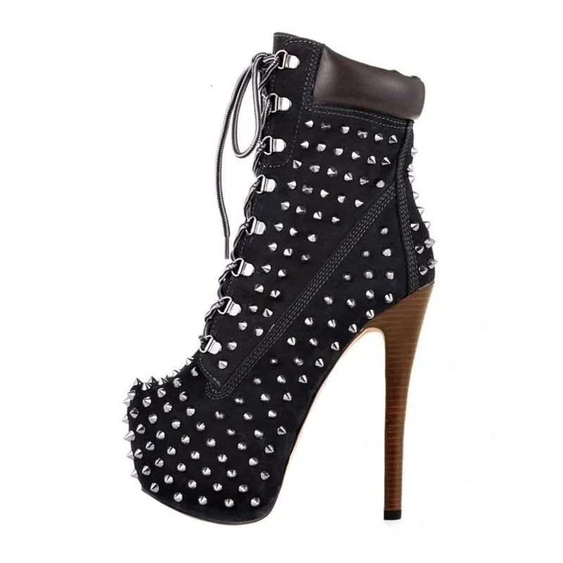 Top Quality Women's Spike Boot Shoes 16cm High Heel 3cm Platform Lace up Ankle boots Pumps Stiletto Shoes Plus Size 13