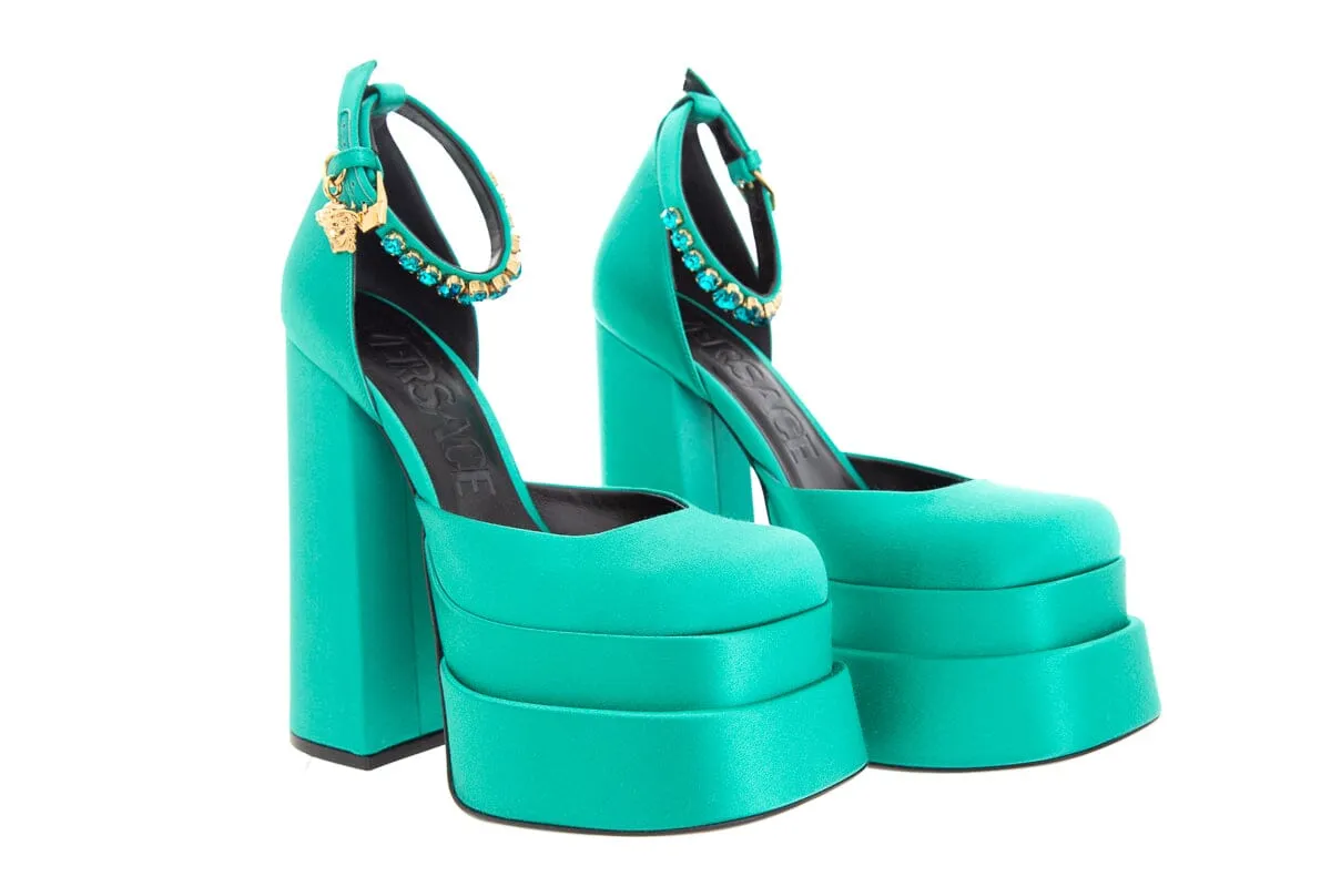Versace Turquoise Satin Sandal Heel SZ 36.5