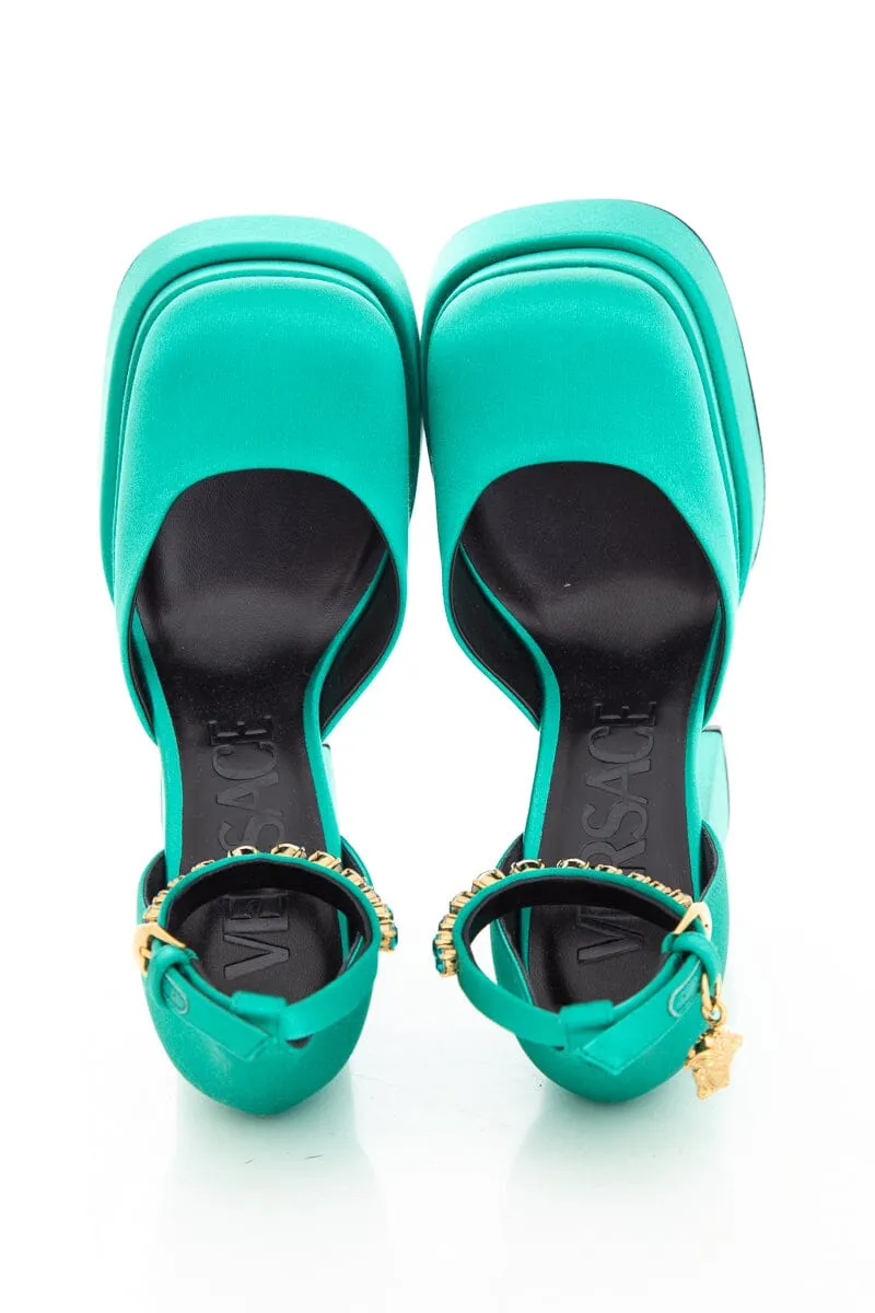 Versace Turquoise Satin Sandal Heel SZ 36.5